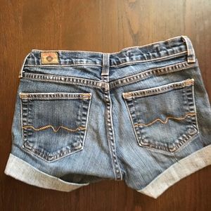 Red engine denim shorts